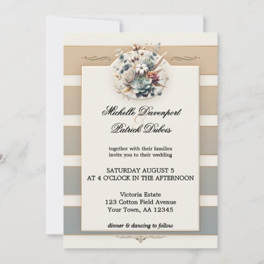 Aarde Tone Gestreepte Bloemen Foto Wedding Kaart (Voorkant)