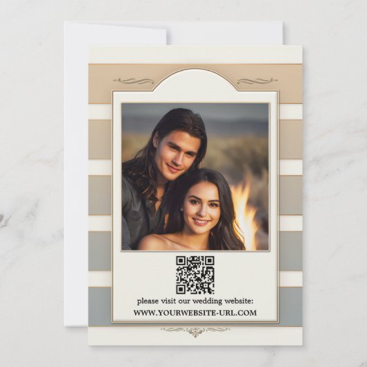 Aarde Tone Gestreepte Bloemen Foto Wedding Kaart (Achterkant)