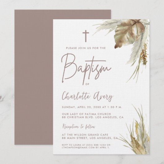 Aarde toon Boho Pampas gras aangepaste doop Kaart (Voorkant / Achterkant)