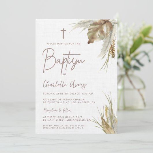 Aarde toon Boho Pampas gras aangepaste doop Kaart (Staand voorkant)