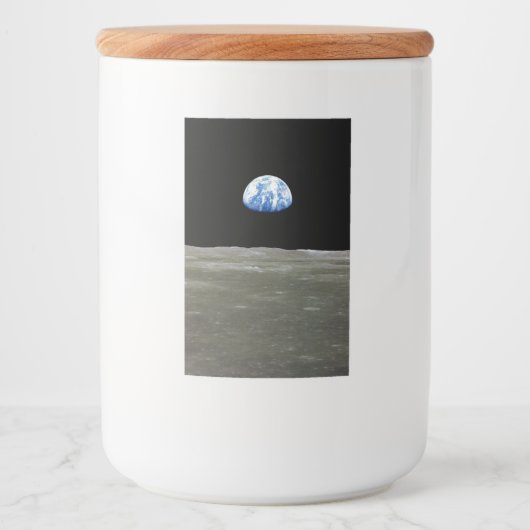 Aarde van maan in zwarte ruimte: aardopgang voedselcontainer etiket (Voorkant)