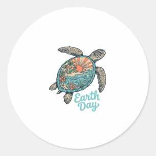 Aardedag Zee Schildpad Vintage Gravure Shirt Ontwe Ronde Sticker
