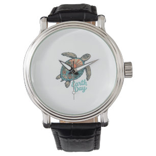 Aardedag Zeeschildpad Vintage Gravure Shirt Ontwer Horloge