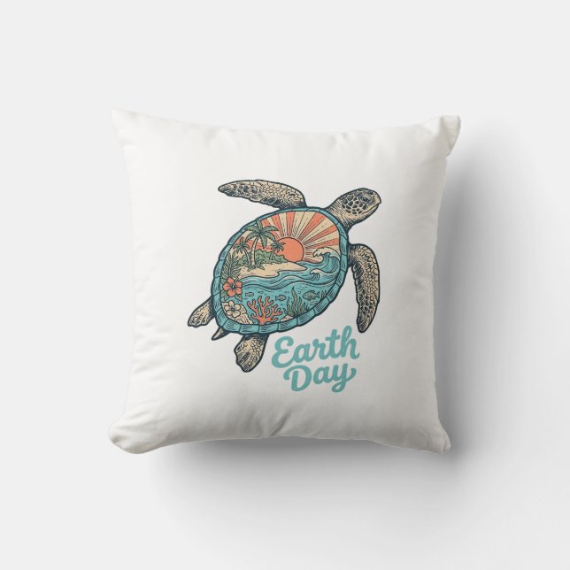 Aardedag Zeeschildpad Vintage Gravure Shirt Ontwer Kussen (Voorkant)
