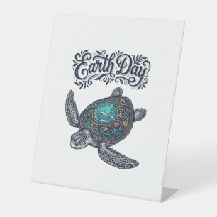 Aardedag Zeeschildpad Vintage Gravure Shirt Ontwer Reclamebord Met Voetstuk