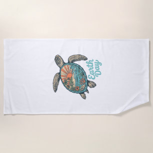 Aardedag Zeeschildpad Vintage Gravure Shirt Ontwer Strandlaken
