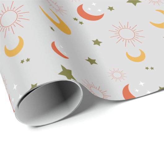Aardetinten Baby shower Patroon Sterren Zonnen Man Cadeaupapier (Rol Hoek)