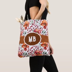 Aardetinten, Herfstbloemen Geborduurd Initiaal Tote Bag