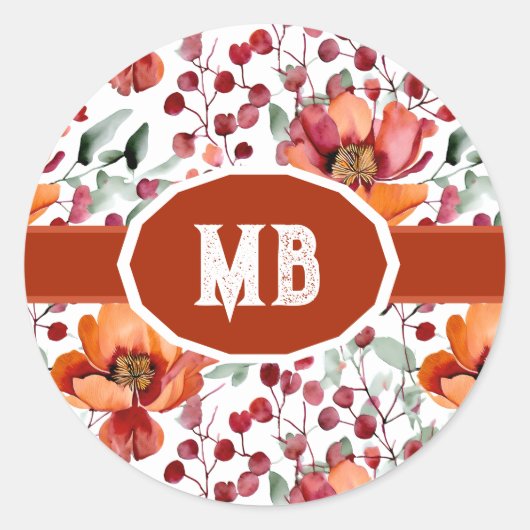 Aardetinten, Herfstbloemen Monogram Ronde Sticker (Voorkant)