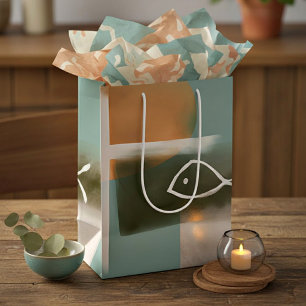 Aardetinten kruis en vis minimalistische kunst medium cadeauzakje