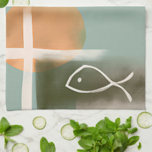 Aardetinten kruisen en vis minimalistische kunst theedoek