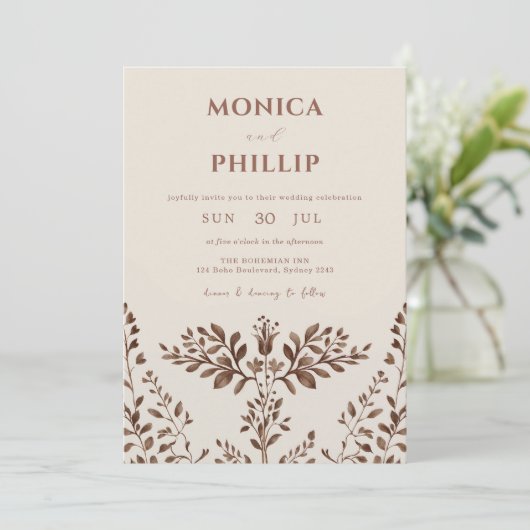 Aardetinten rustieke herfst bloei bruiloft kaart (Staand voorkant)