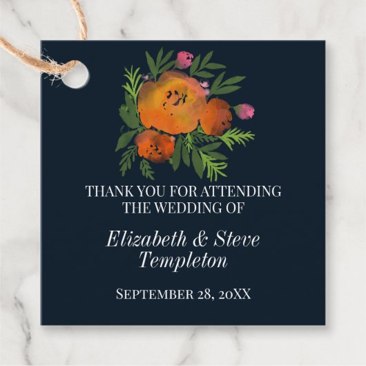 Aardetinten Verbrand Sinaasappel Navy Bloemen Huwe Bedankjes Labels (Voorkant)