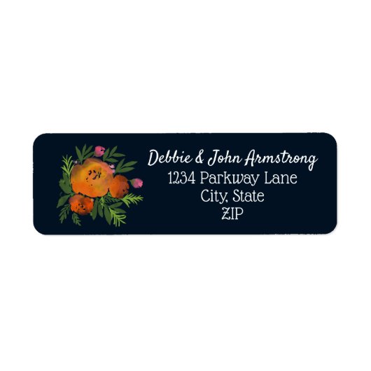 Aardetinten Verbrand Sinaasappel Navy Bloemen Huwe Etiket (Voorkant)