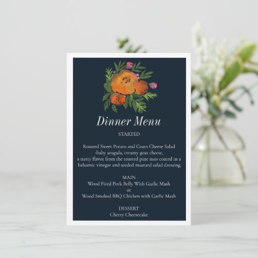 Aardetinten Verbrand Sinaasappel Navy Bloemen Huwe Menu (Staand voorkant)