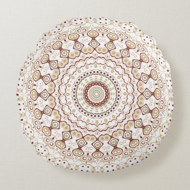 Aardetonen Geometrisch Mandala Patroon Rond Kussen (Voorkant)