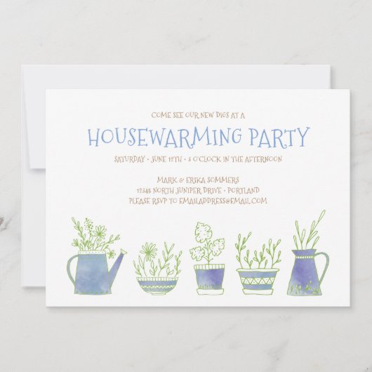 Aardewerk en Planten Housewarming Party Blue Kaart (Voorkant)