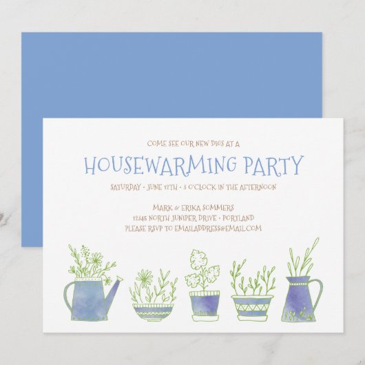 Aardewerk en Planten Housewarming Party Blue Kaart (Voorkant / Achterkant)