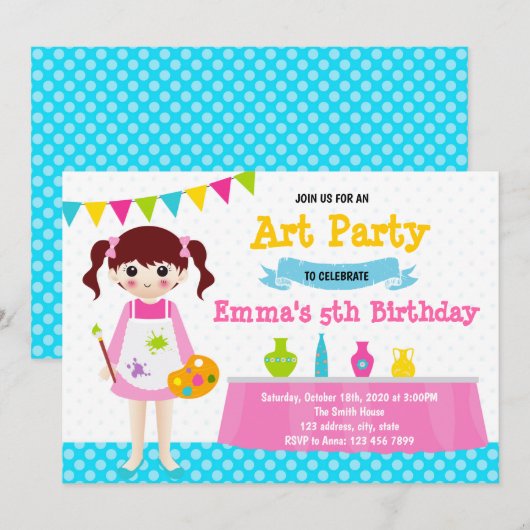 Aardewerk schilderij verjaardagsfeestje uitnodigin kaart (Voorkant / Achterkant)