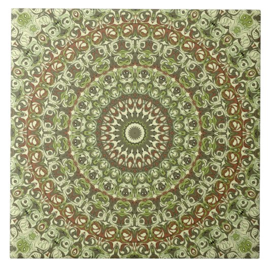 Aardgroen en bruin mandala patroonontwerp tegeltje (Voorkant)
