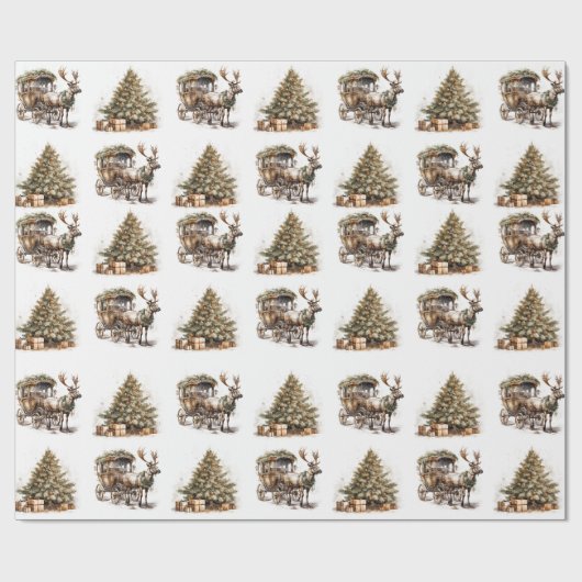 Aardgroen goud Kerstmis Rendier koets boom Cadeaupapier (Vlak)