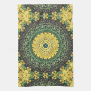 Aardgroene en gele Mandala kaleidoscoop Theedoek