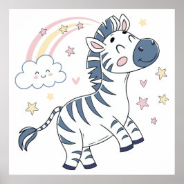 Aardig Cartoon Zebra met Regenboog en Sterren | Poster