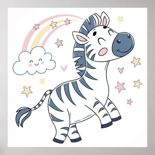 Aardig Cartoon Zebra met Regenboog en Sterren | Poster (Voorkant)
