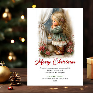 Aardig Cute Klein Meisje Kerst Scene Groet Feestdagenkaart