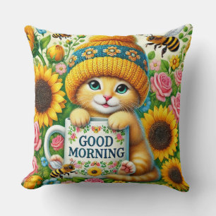 Aardig Kitten in Brei Muts met Zonnebloemen Kussen