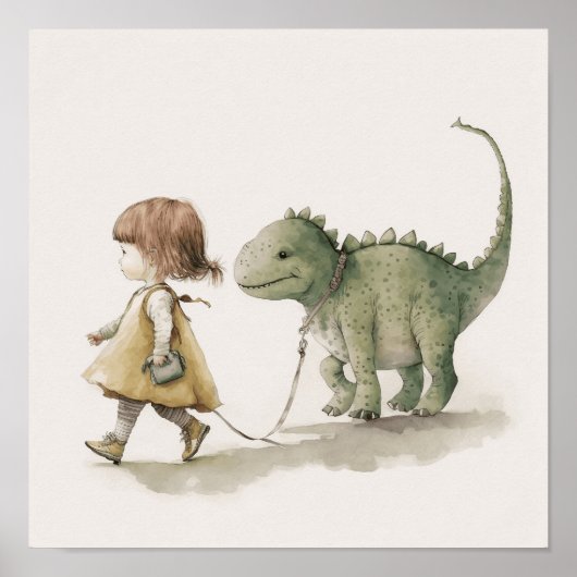 Aardig meisje dat op een dinosaurus loopt muur kun poster (Voorkant)