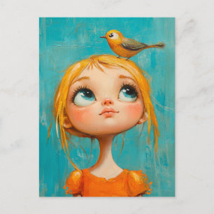 Aardig Meisje Met een Vogel op Haar Hoofd Briefkaart