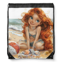 AARDIG MEISJE MET ROOD HAAR SPEELT OP HET STRAND