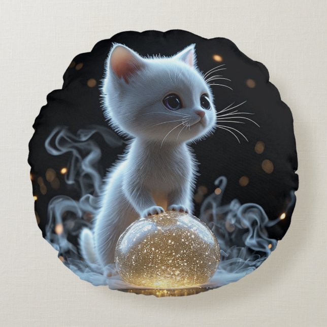 Aardig Witte Kitten met Mystieke Gloed Rond Kussen (Voorkant)