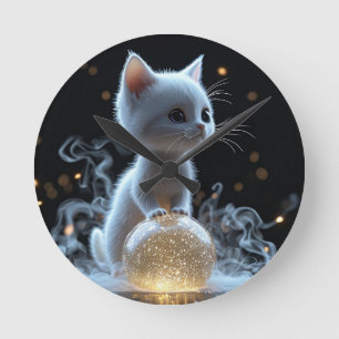 Aardig Witte Kitten met Mystieke Gloed Ronde Klok