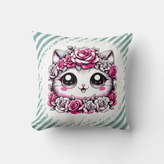 Aardig Witte Kitten met Rozen Kroon Kussen (Voorkant)