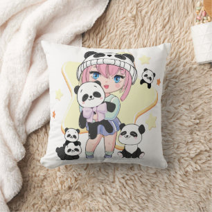 Aardige Anime Meisje Omringd door Panda Speelgoed Kussen