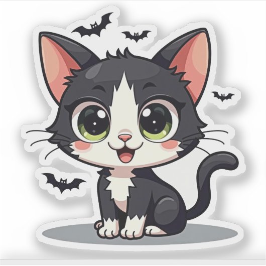 Aardige B&W Kitten – Halloween Pastel Kunst Sticker (Voorkant)