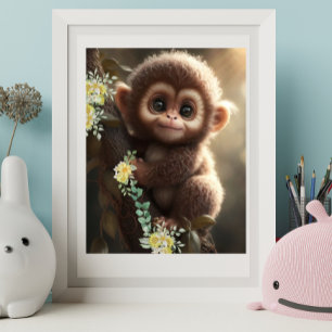 Aardige baby aap zittend op een boom gele bloemen poster