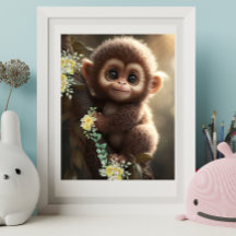 Aardige baby aap zittend op een boom met gele bloe