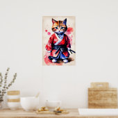 Aardige baby kat samurai aquarel kunst poster (Keuken)
