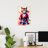 Aardige baby kat samurai aquarel kunst poster (Thuiskantoor)