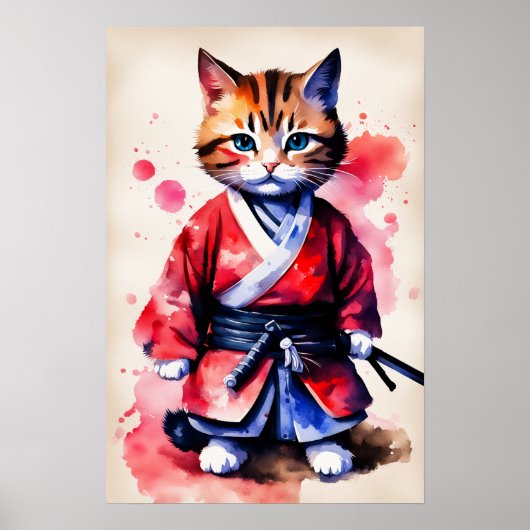 Aardige baby kat samurai aquarel kunst poster (Voorkant)