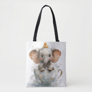 Aardige babyolifant in theekopje met rubber eend tote bag