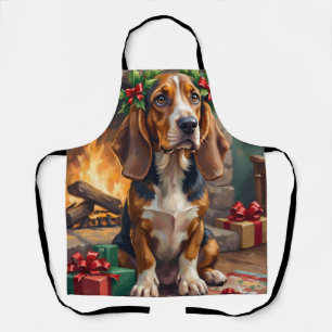 Aardige Basset Hound-hond met Kerstkrans Schort