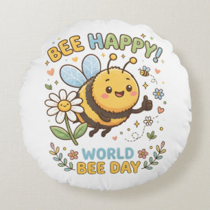 Aardige "Bee Happy!" Illustratie voor World Bee D Rond Kussen