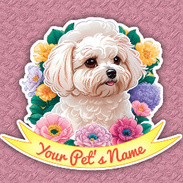 Aardige Bichon Frisé, gele, roze & paarse bloem Sticker