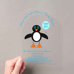Aardige Blauwe Baby Jongen Pinguïn Aangepaste Baby Acryl Uitnodigingen
