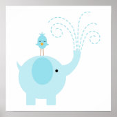 Aardige Blauwe Olifant en Vogel Poster (Voorkant)