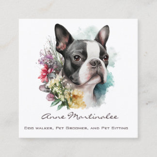 Aardige Boston Terrier en Bloemen Waterverf Vierkante Visitekaartje